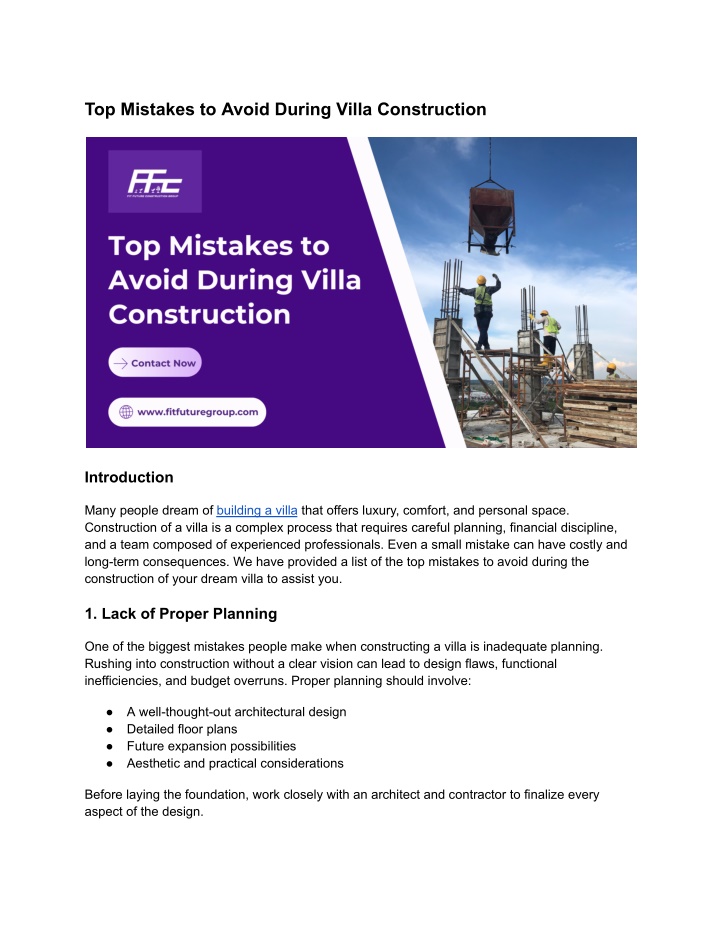 top mistakes to avoid during villa construction