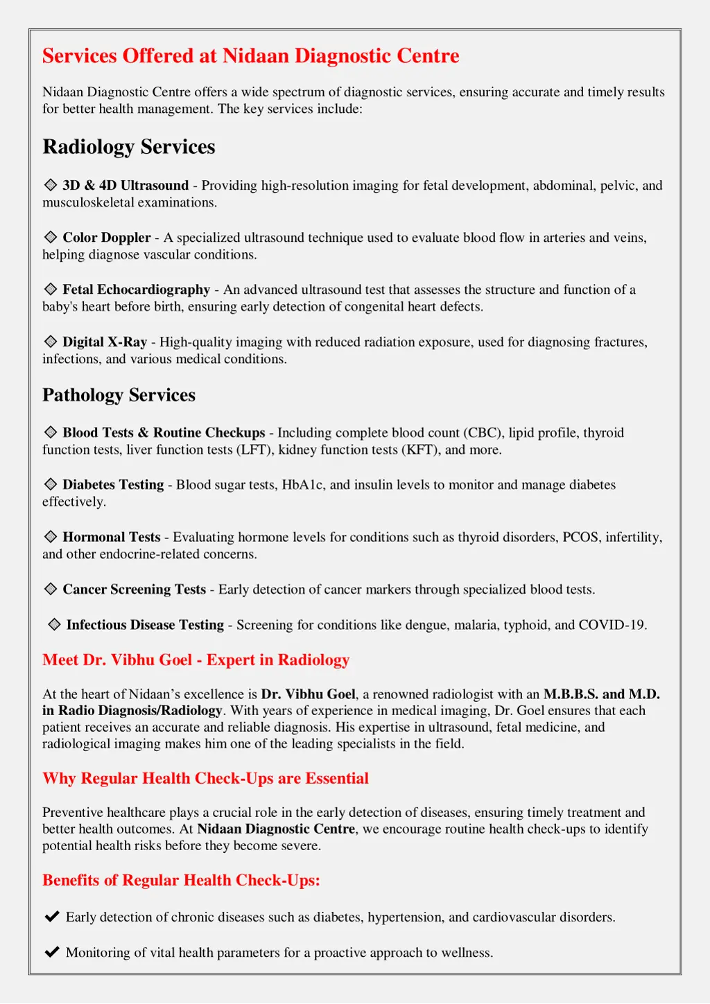 services offered at nidaan diagnostic centre