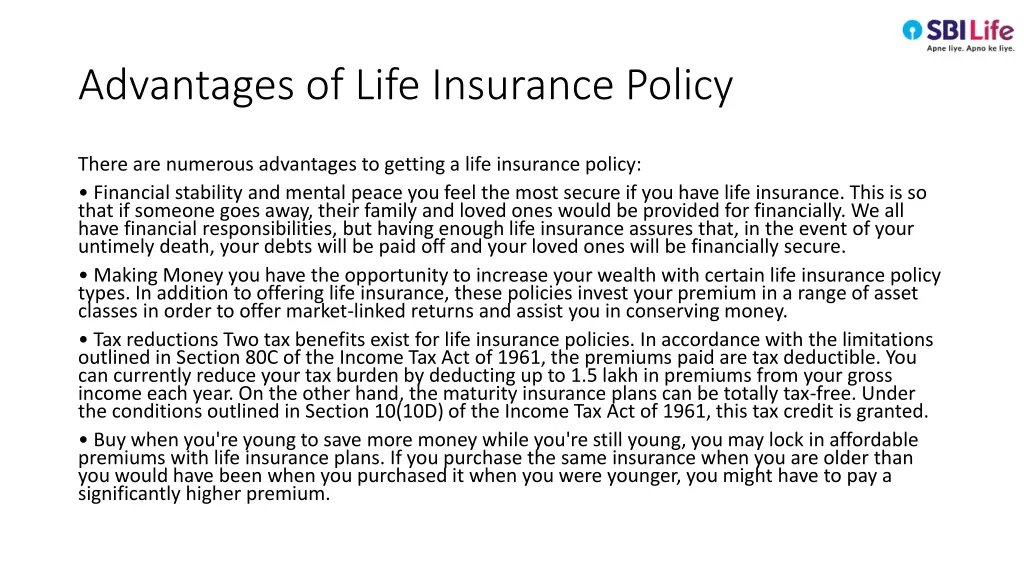 advantages of life insurance policy