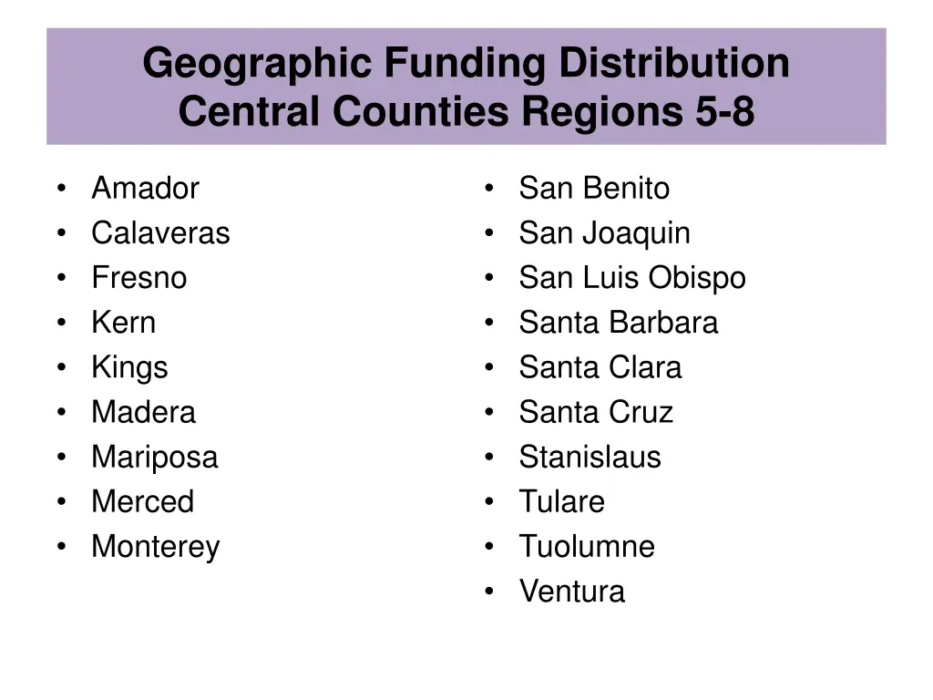 geographic funding distribution central counties