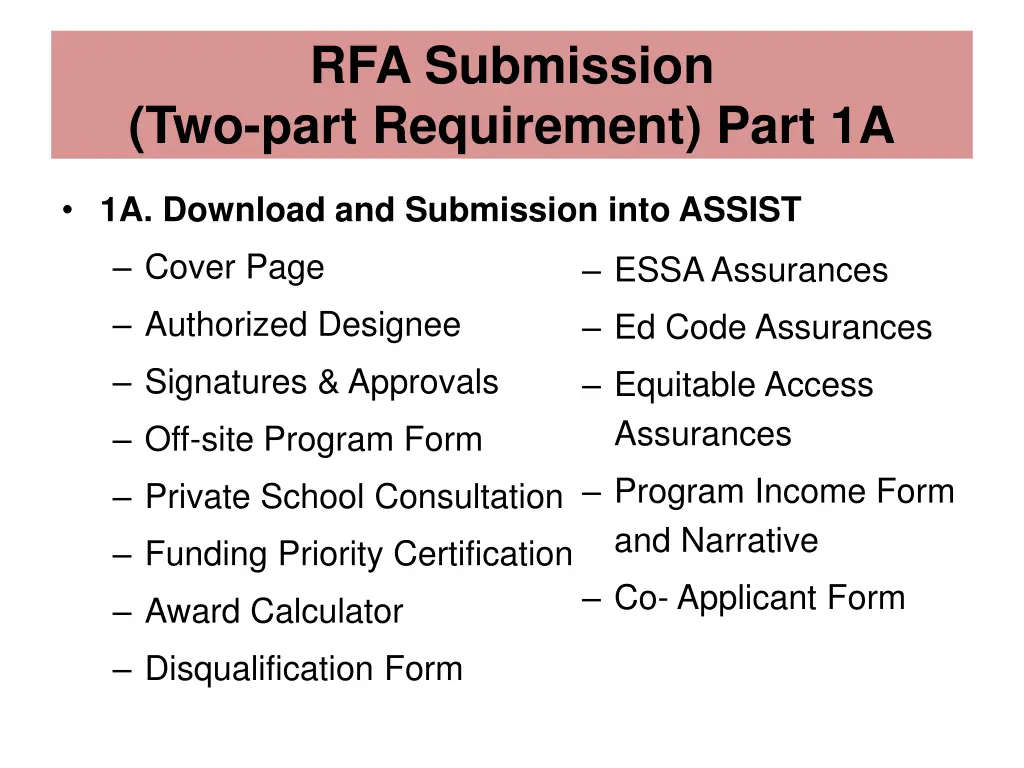 rfa submission two part requirement part 1a