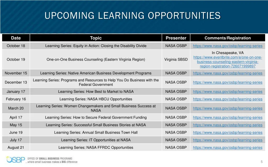 upcoming learning opportunities