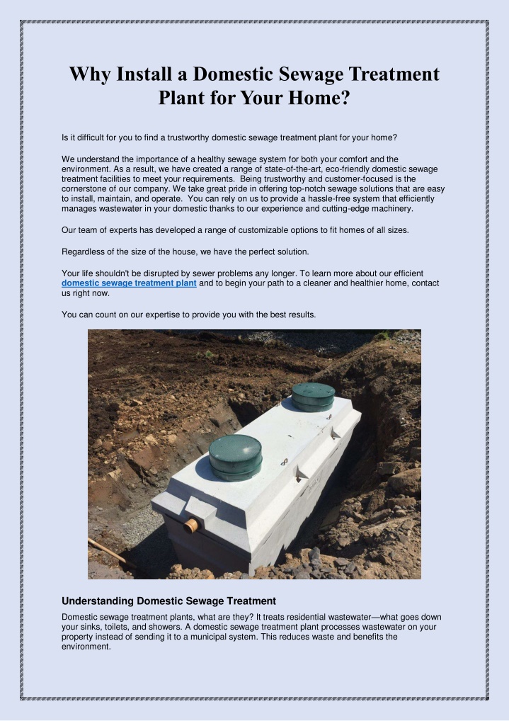 why install a domestic sewage treatment plant