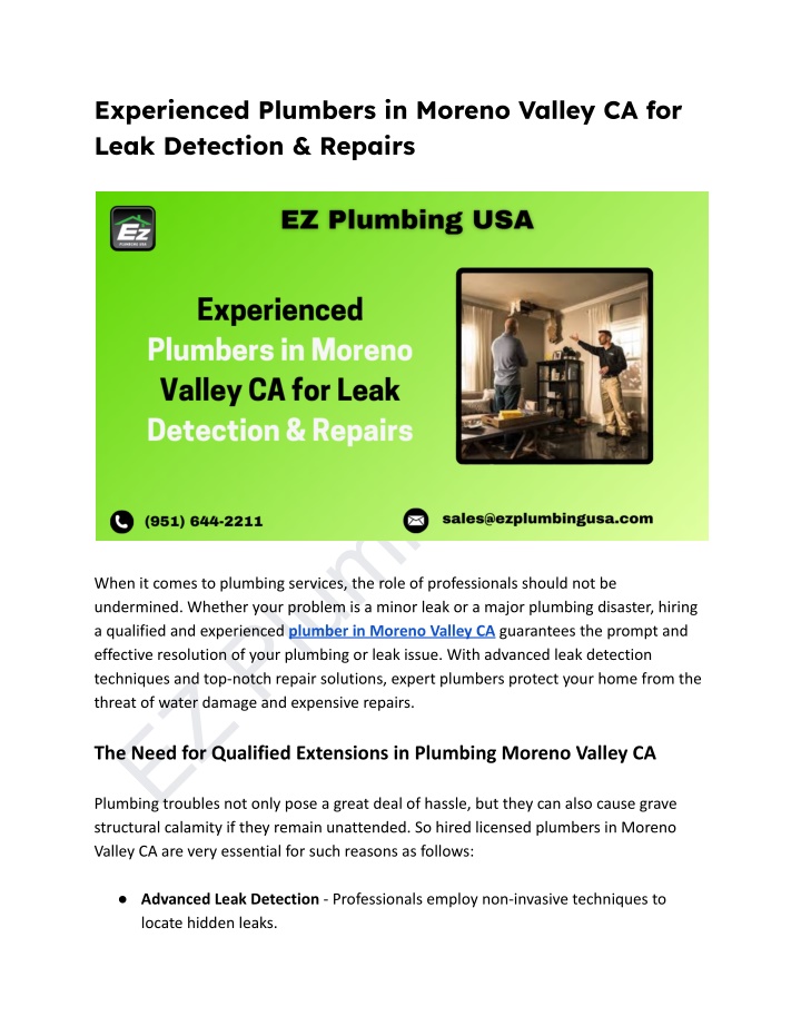 experienced plumbers in moreno valley ca for leak