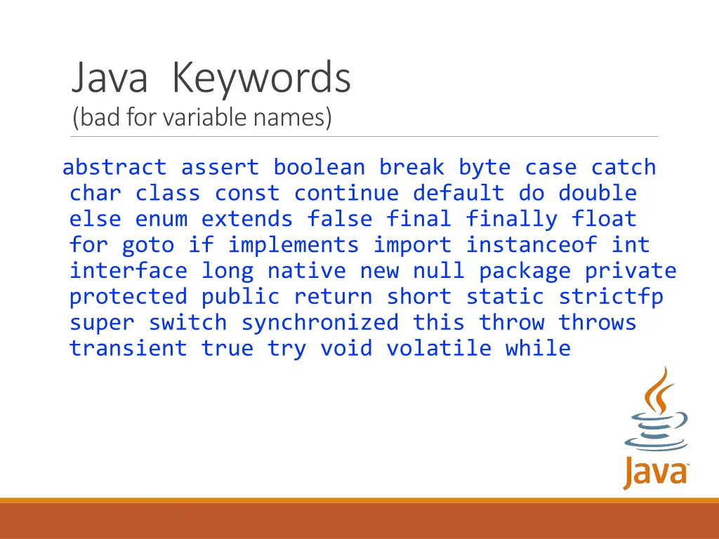 java keywords bad for variable names