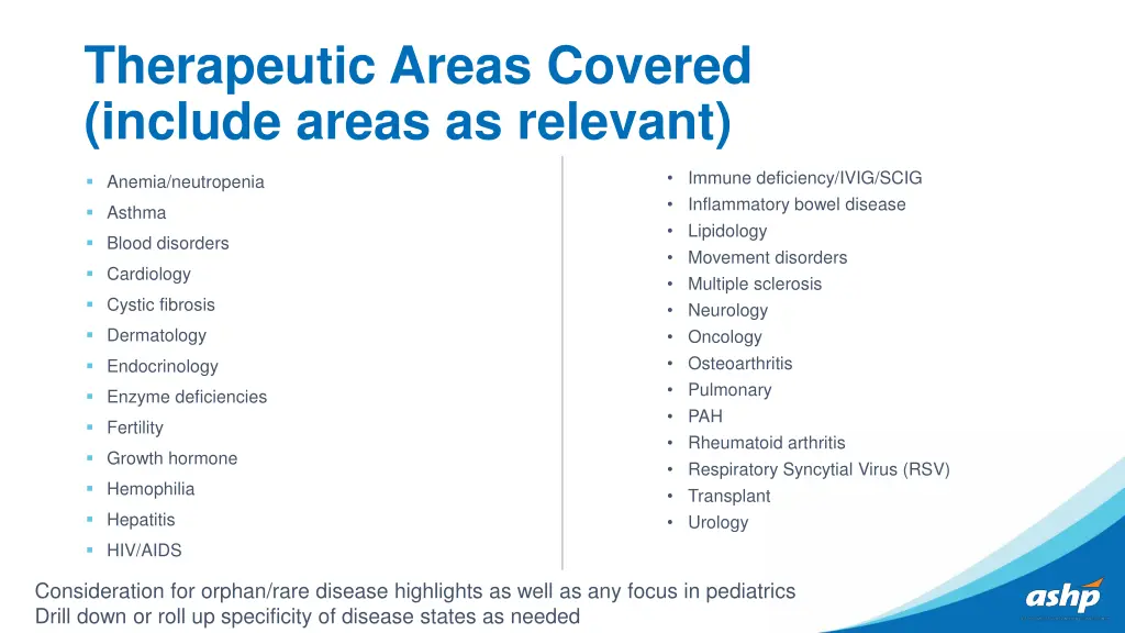 therapeutic areas covered include areas