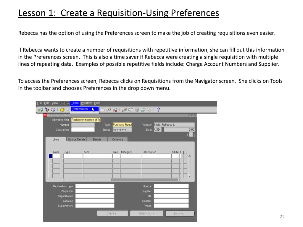 lesson 1 create a requisition using preferences