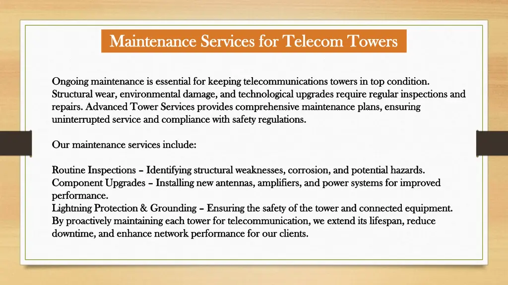 maintenance services for telecom towers