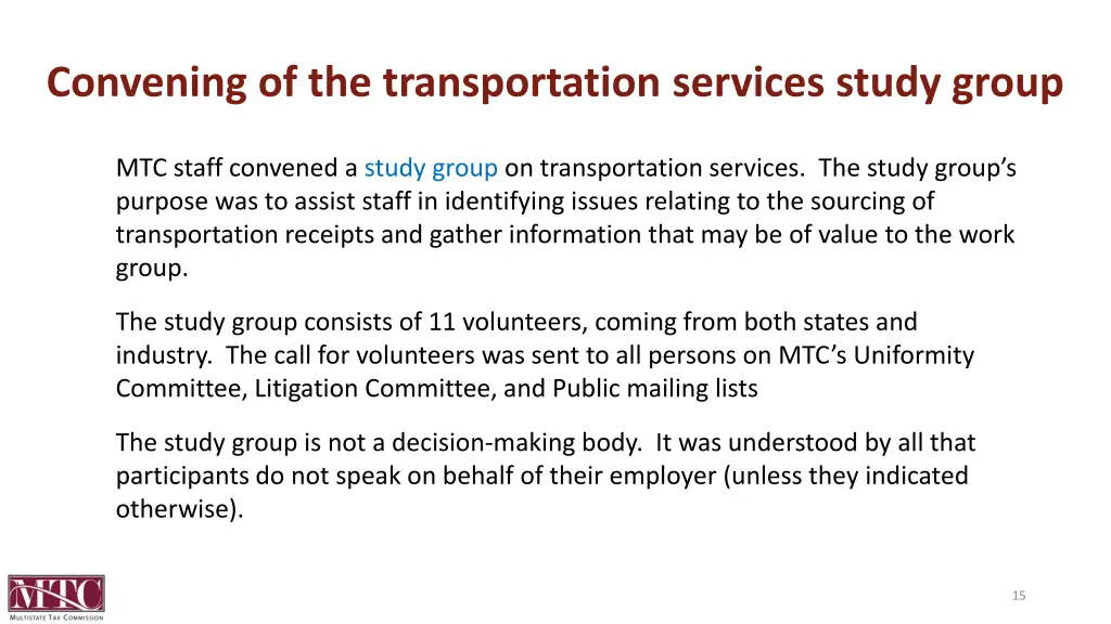 convening of the transportation services study