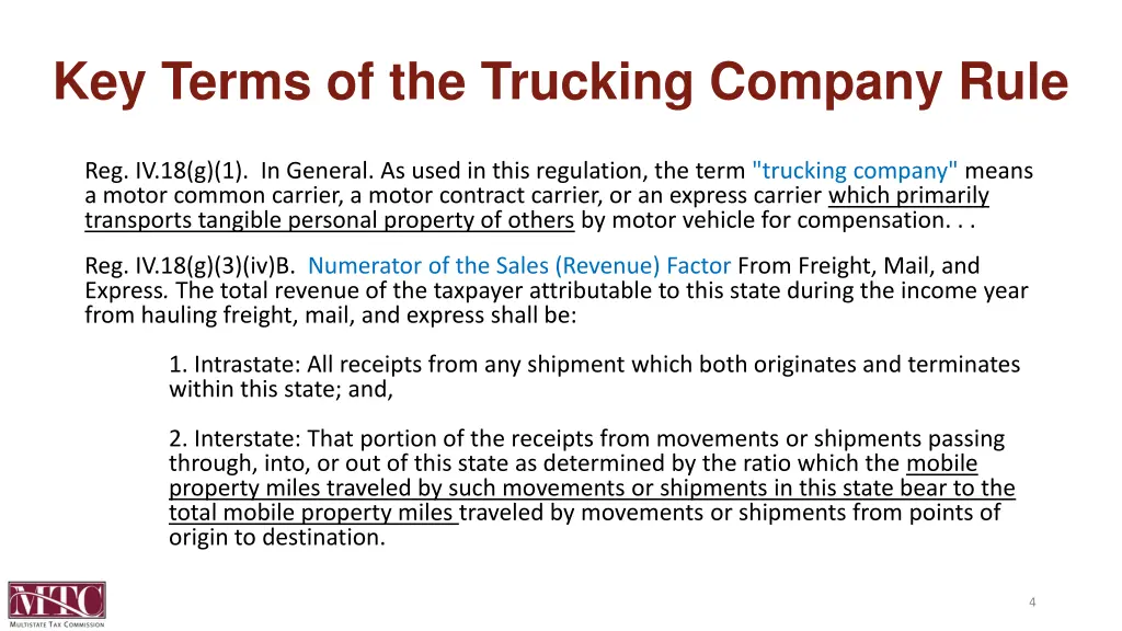 key terms of the trucking company rule