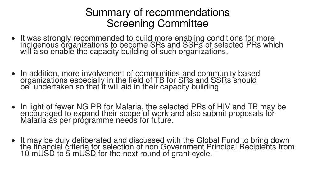 summary of recommendations screening committee 1