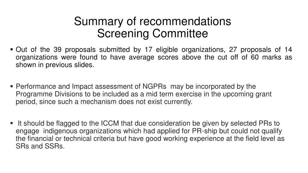 summary of recommendations screening committee