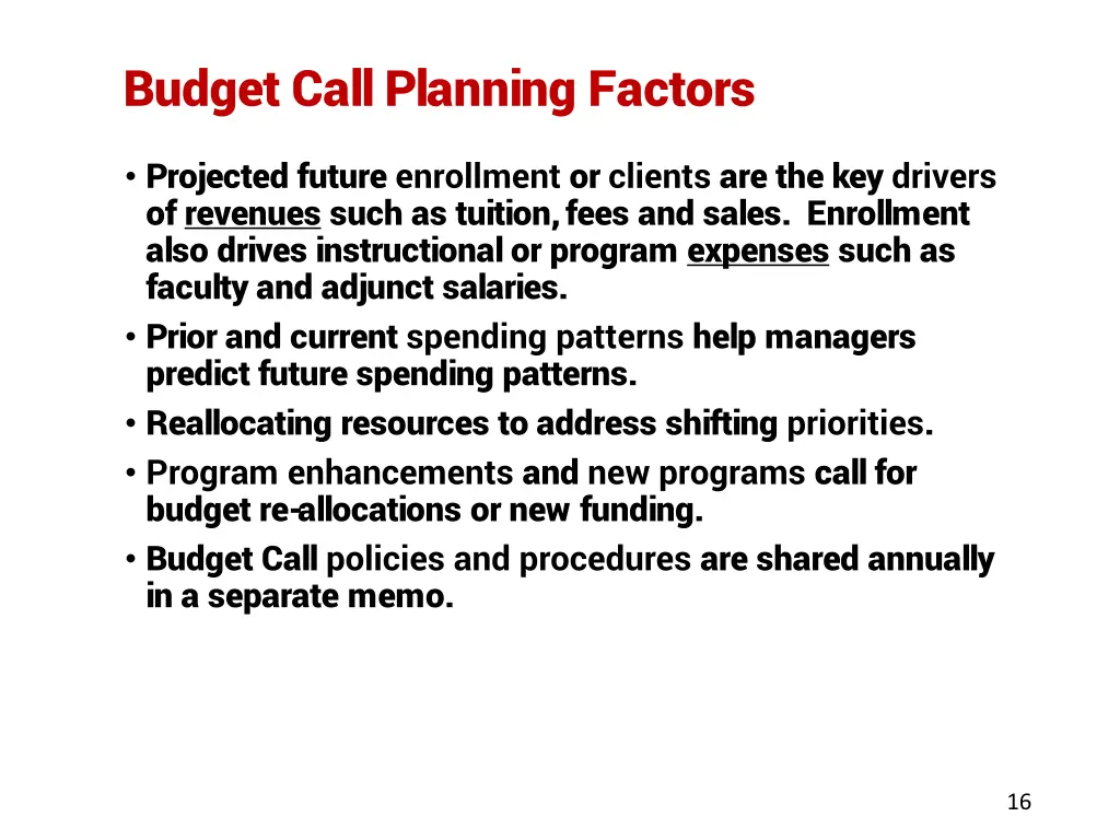 budget call planning factors