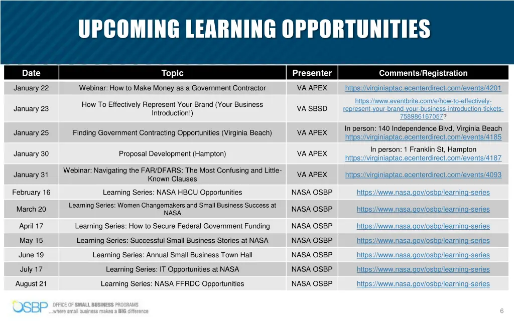 upcoming learning opportunities