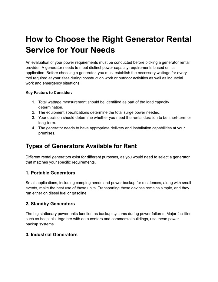 how to choose the right generator rental service