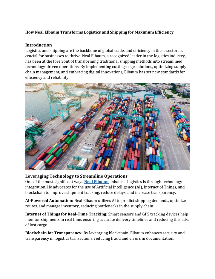 how neal elbaum transforms logistics and shipping