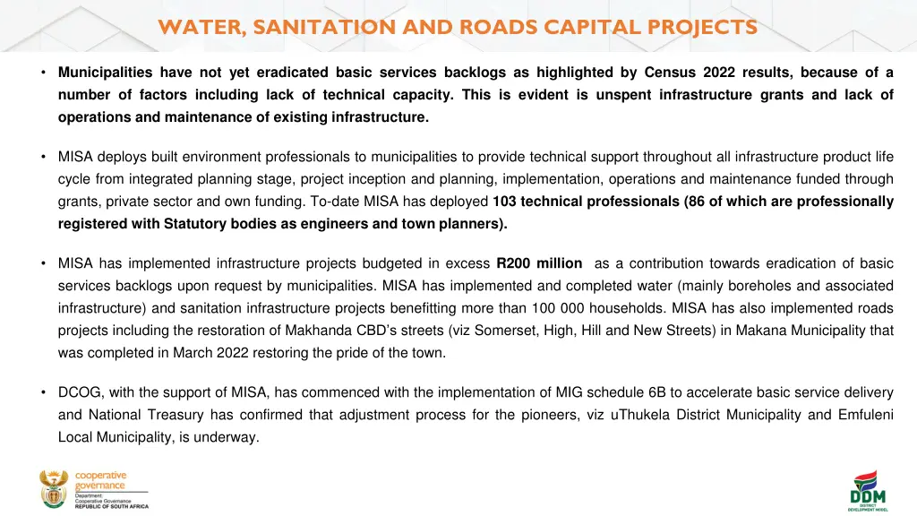 water sanitation and roads capital projects