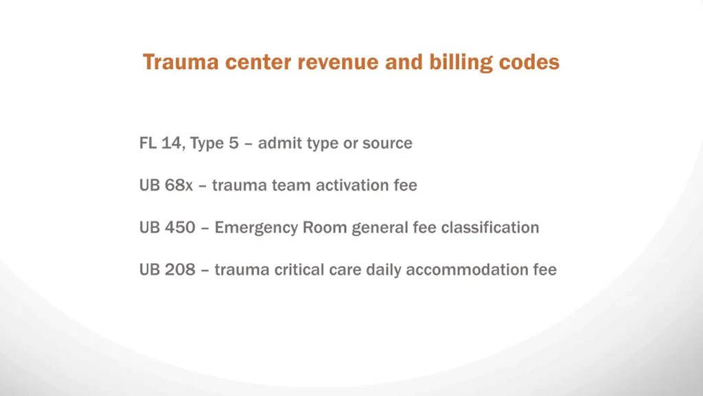 trauma center revenue and billing codes