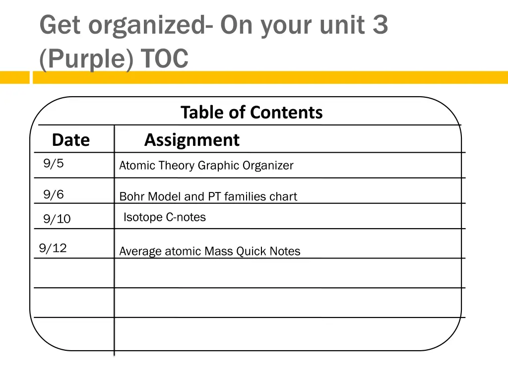 get organized on your unit 3 purple toc
