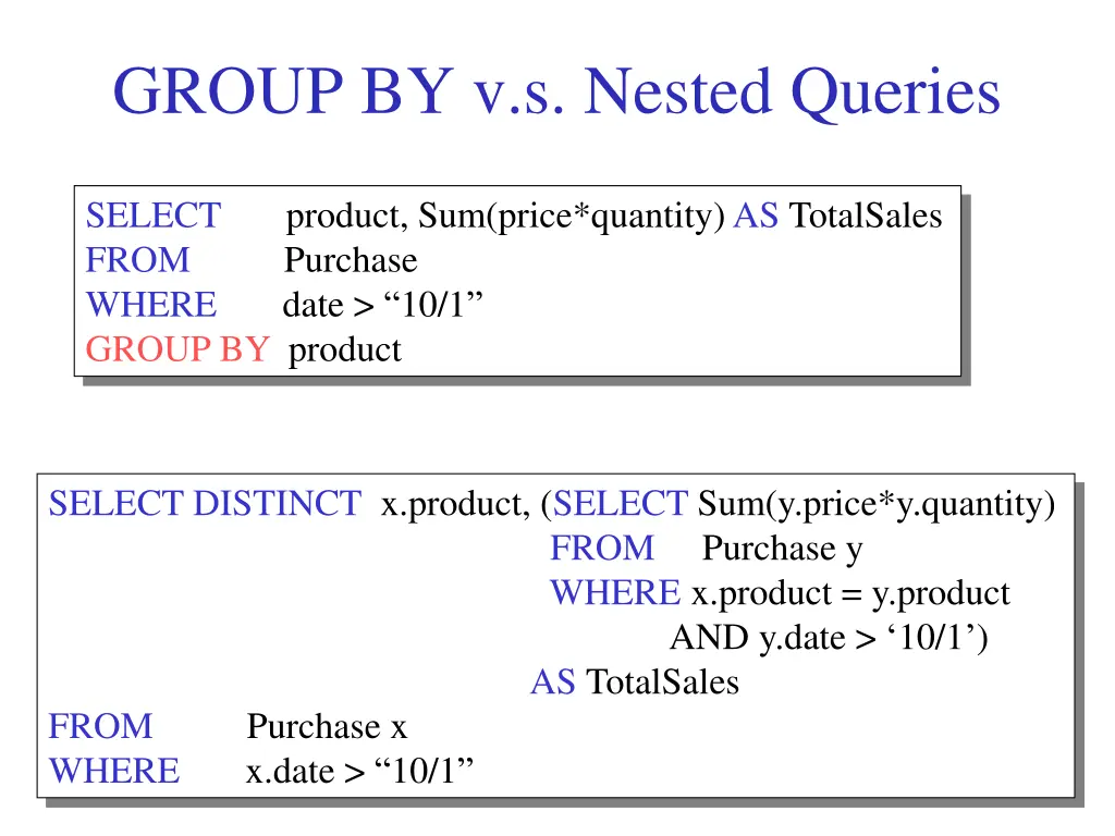 group by v s nested queries