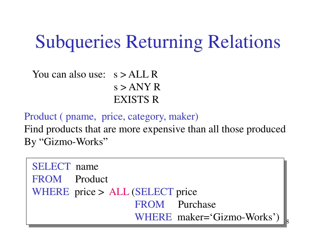 subqueries returning relations 2