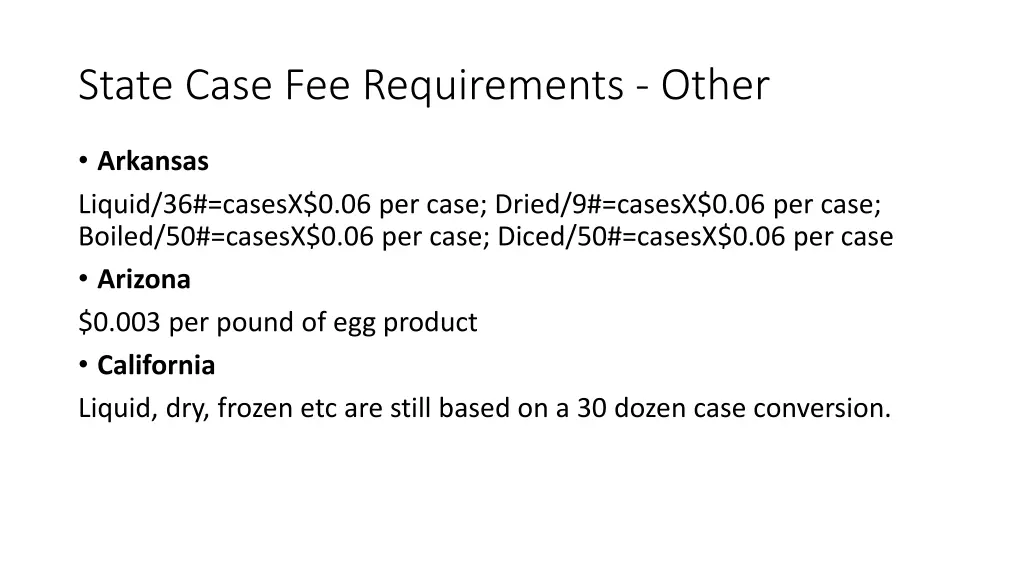 state case fee requirements other