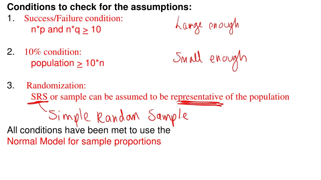 conditions to check for the assumptions 1 success