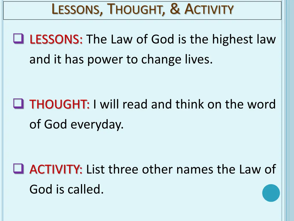 l essons t hought a ctivity