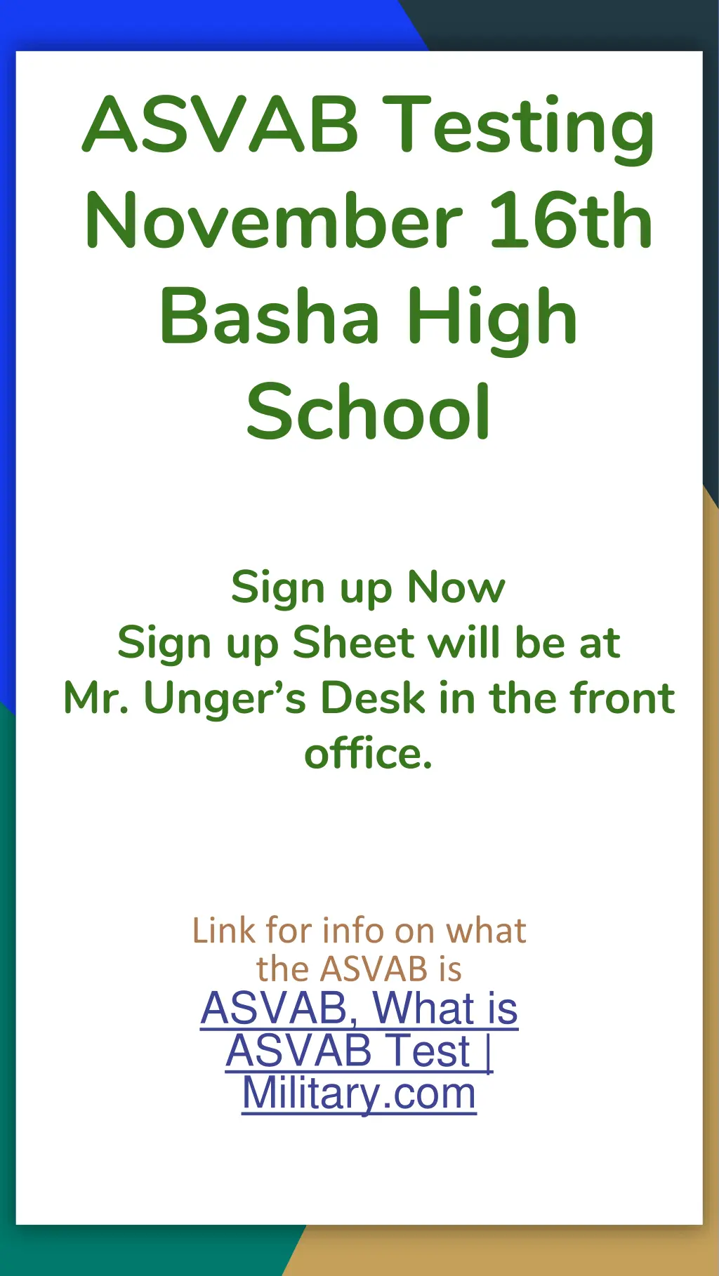 asvab testing november 16th basha high school