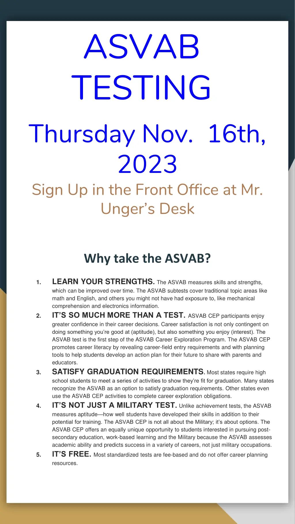 asvab testing thursday nov 16th 2023 sign