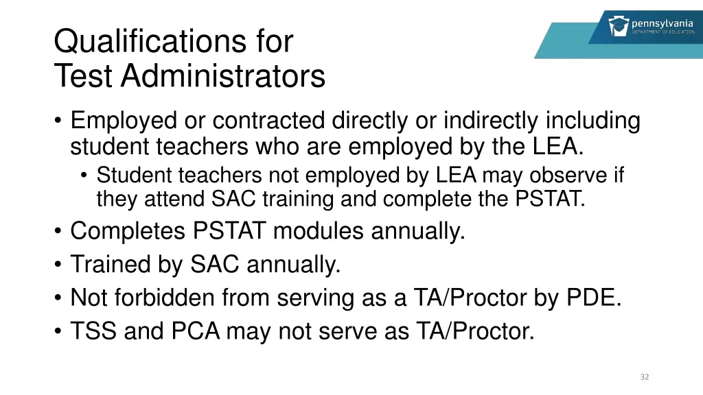 qualifications for test administrators employed