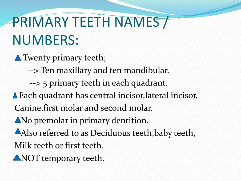 primary teeth names numbers