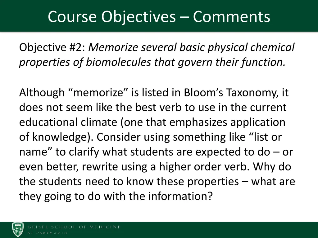 course objectives comments