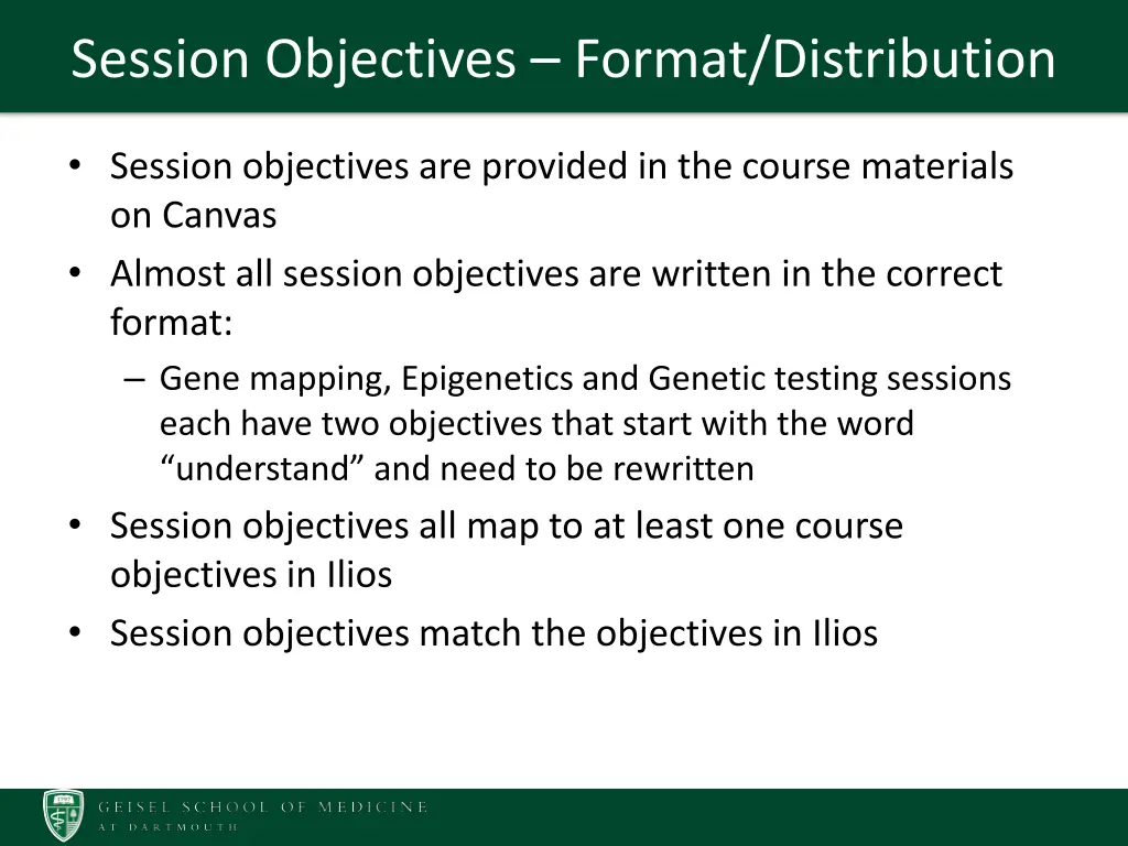 session objectives format distribution