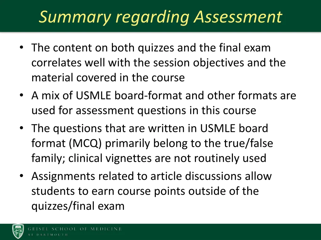 summary regarding assessment