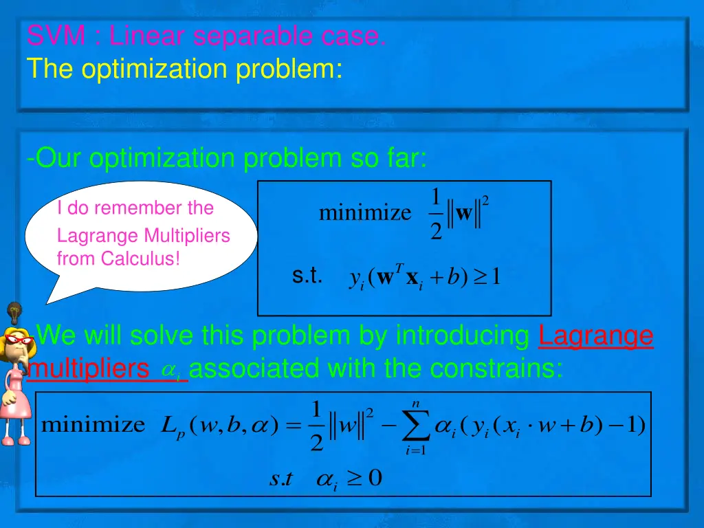 svm linear separable case the optimization problem