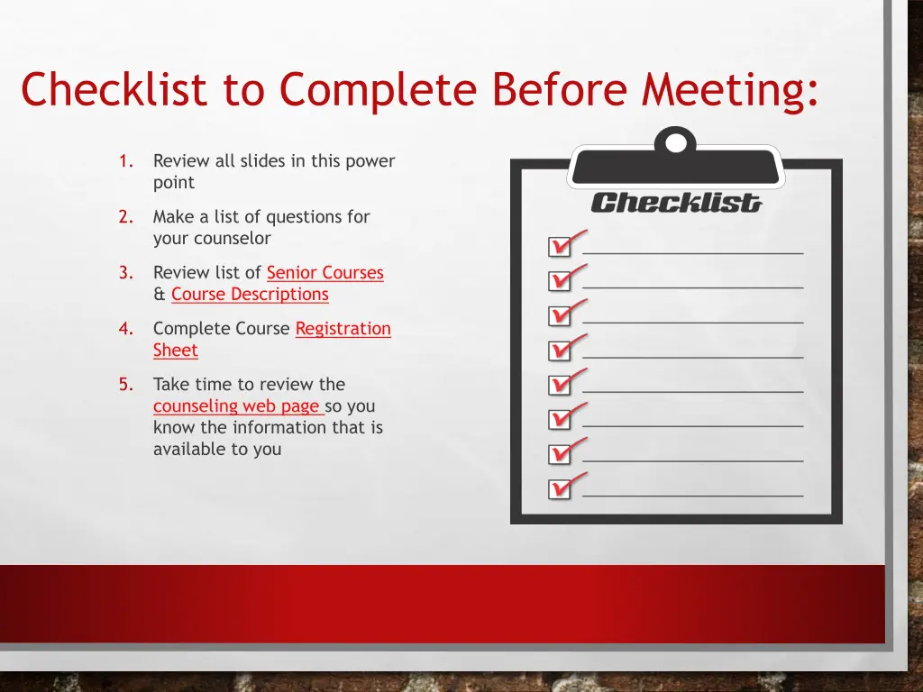 checklist to complete before meeting