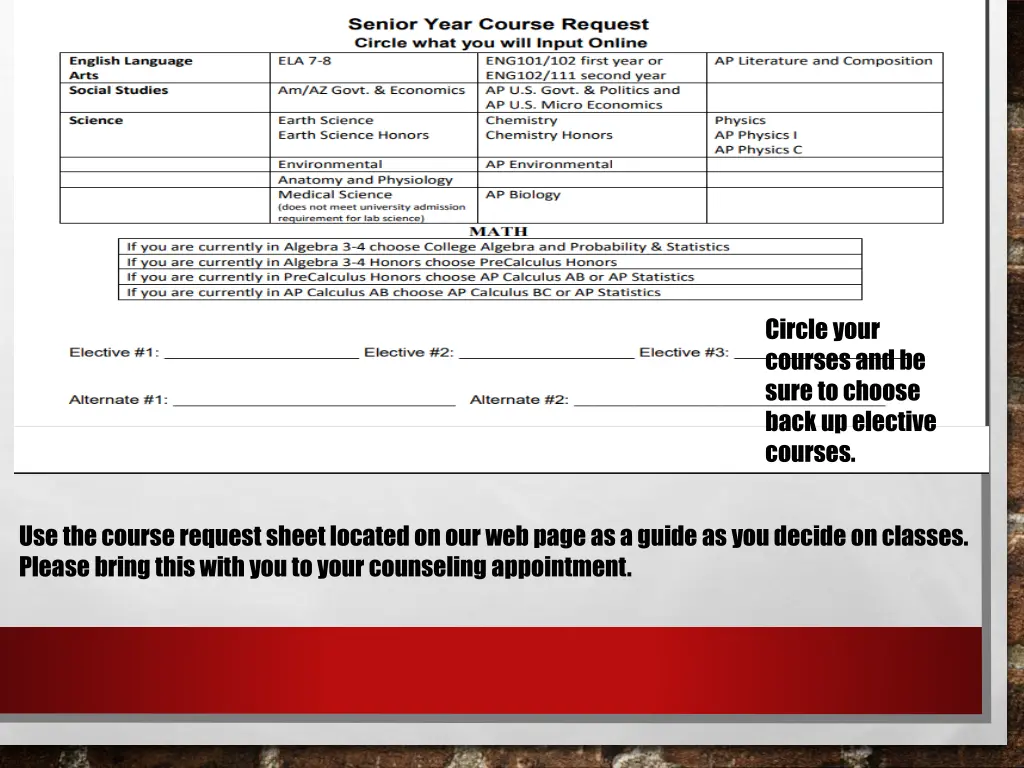 circle your courses and be sure to choose back