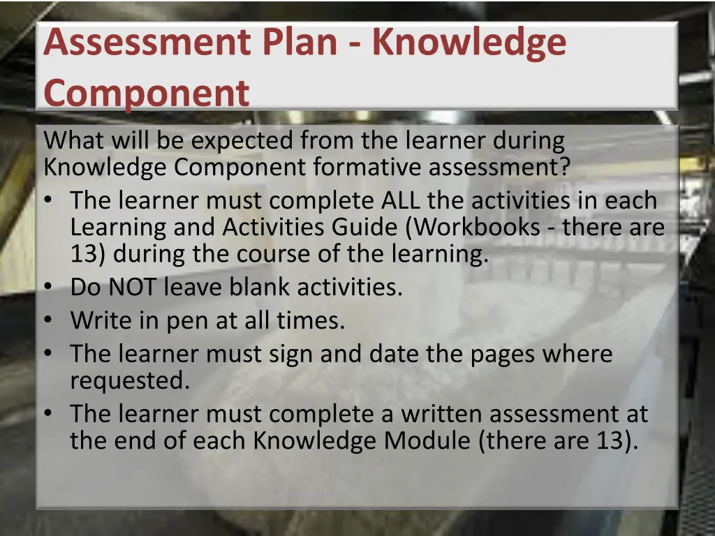 assessment plan knowledge component what will