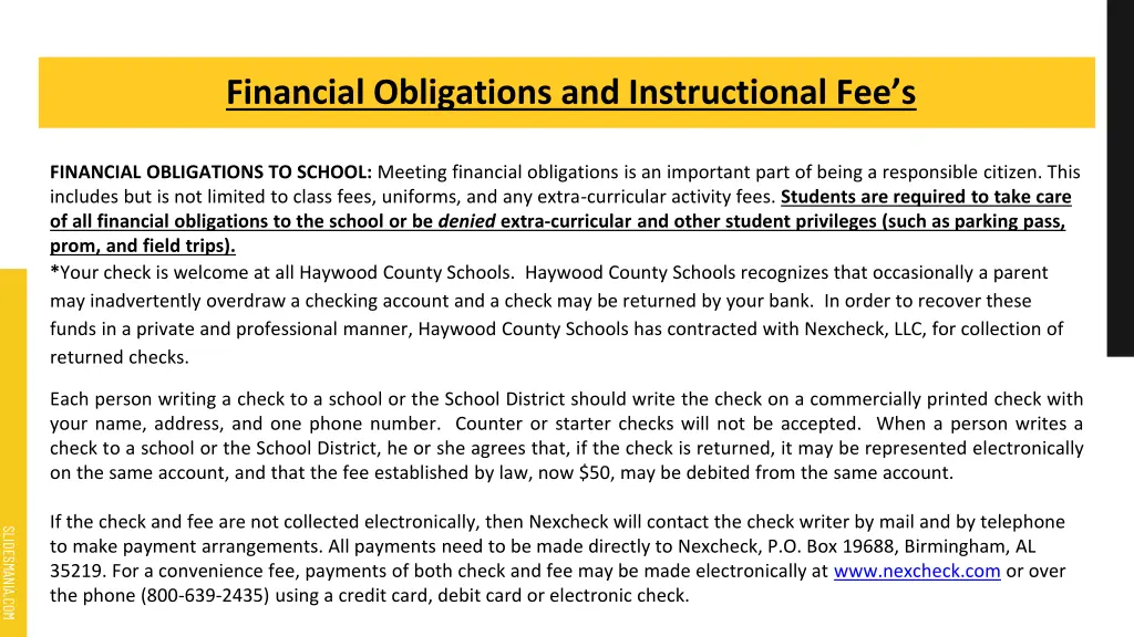 financial obligations and instructional fee s