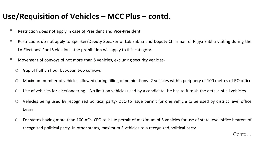 use requisition of vehicles mcc plus contd
