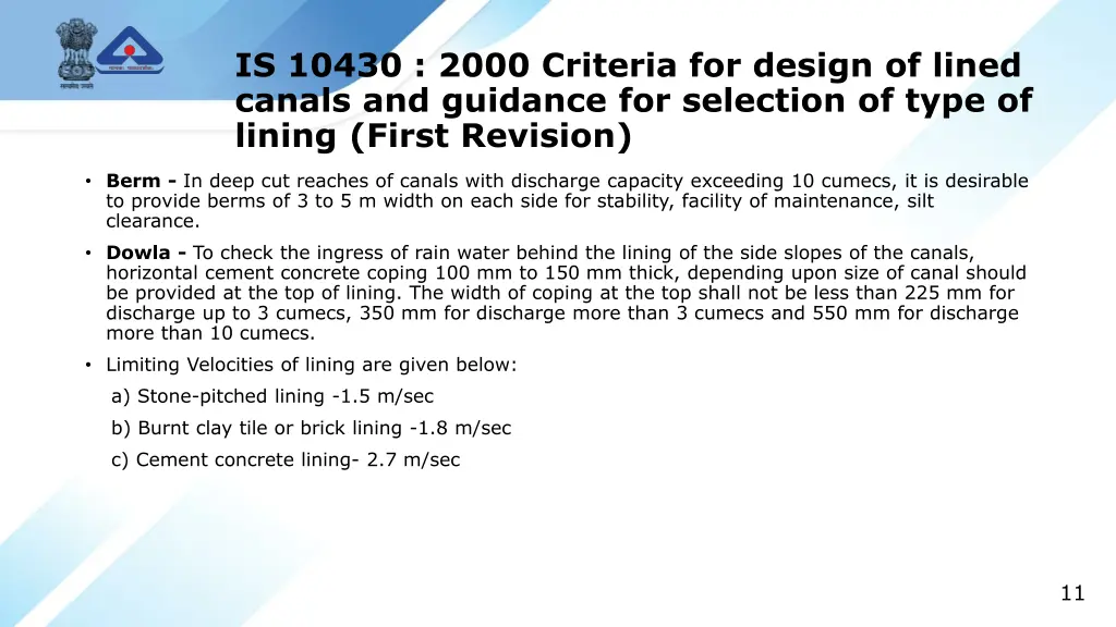 is 10430 2000 criteria for design of lined canals 1