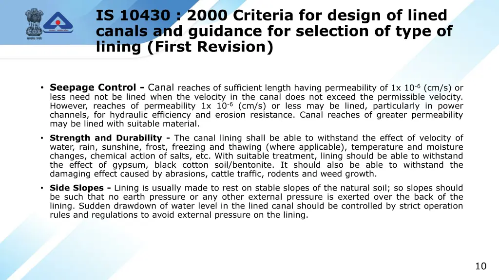 is 10430 2000 criteria for design of lined canals