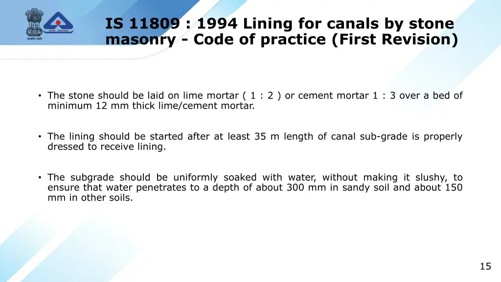 is 11809 1994 lining for canals by stone masonry 1