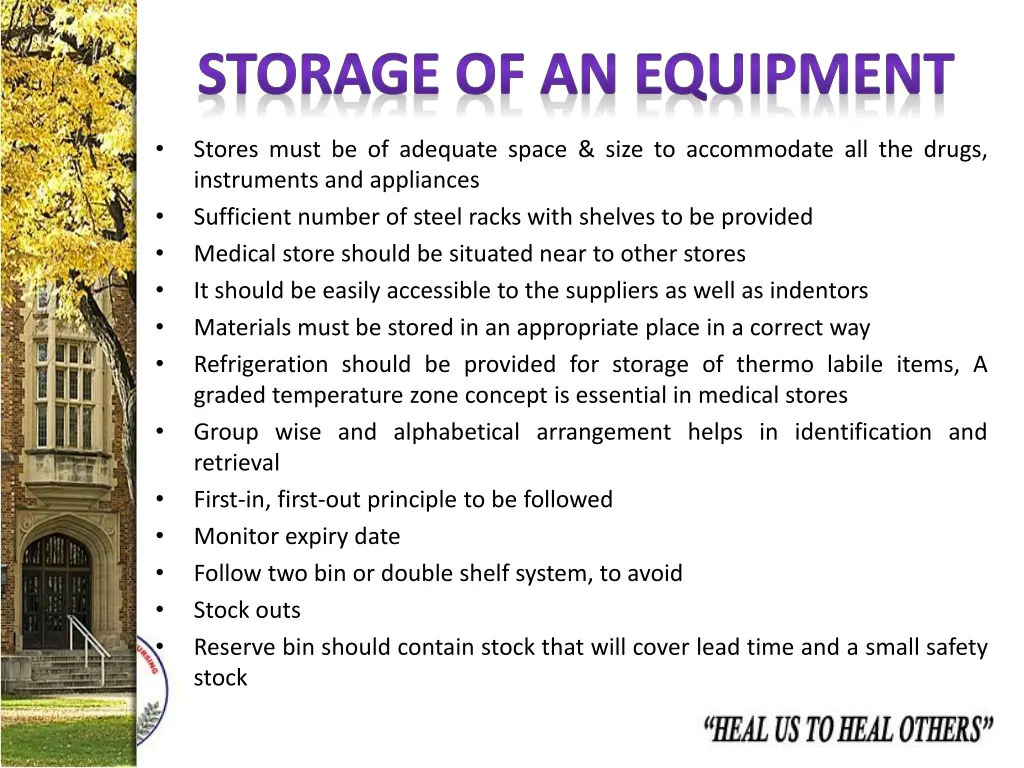 storage of an equipment