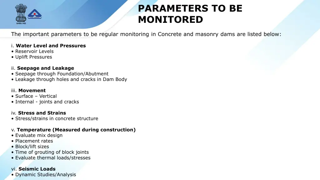 parameters to be monitored