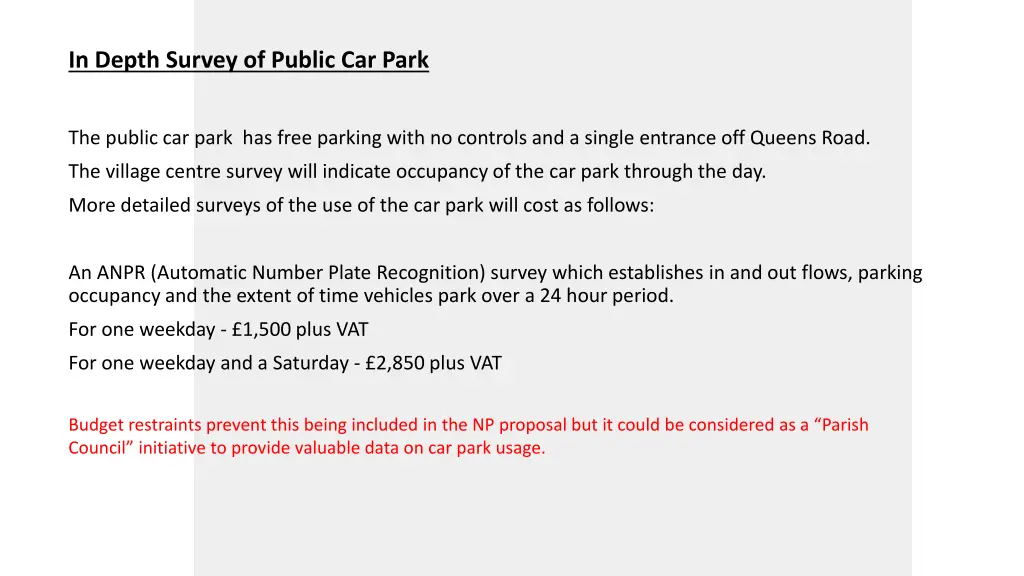 in depth survey of public car park