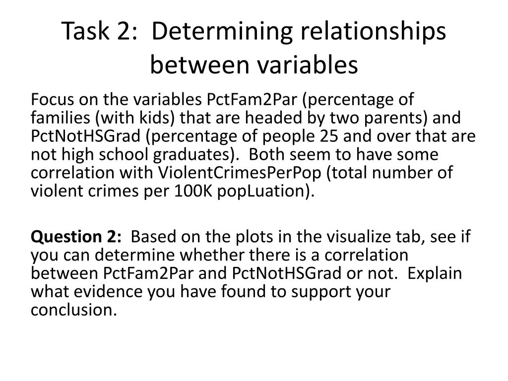 task 2 determining relationships between variables