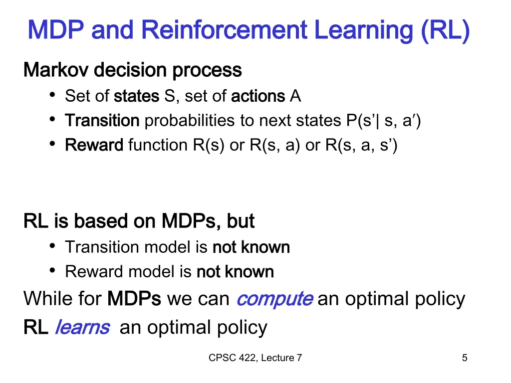 mdp and reinforcement learning