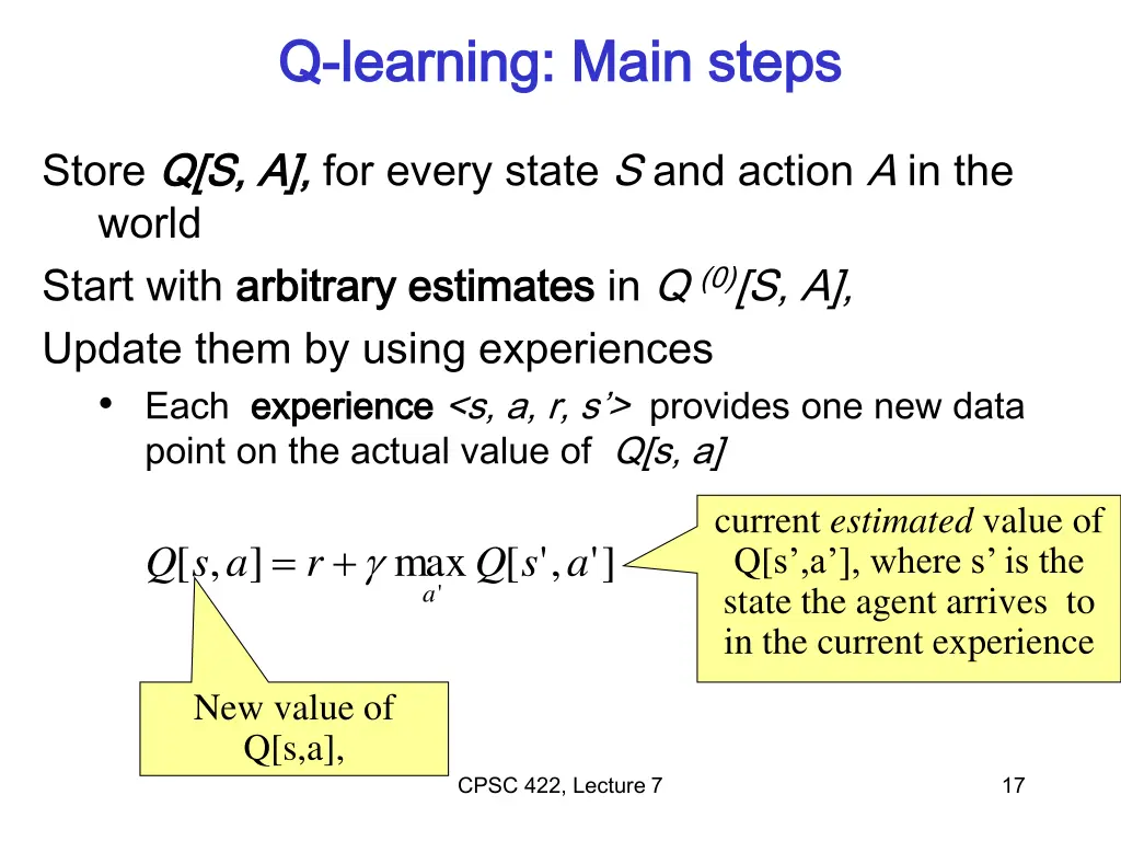 q q learning main steps learning main steps
